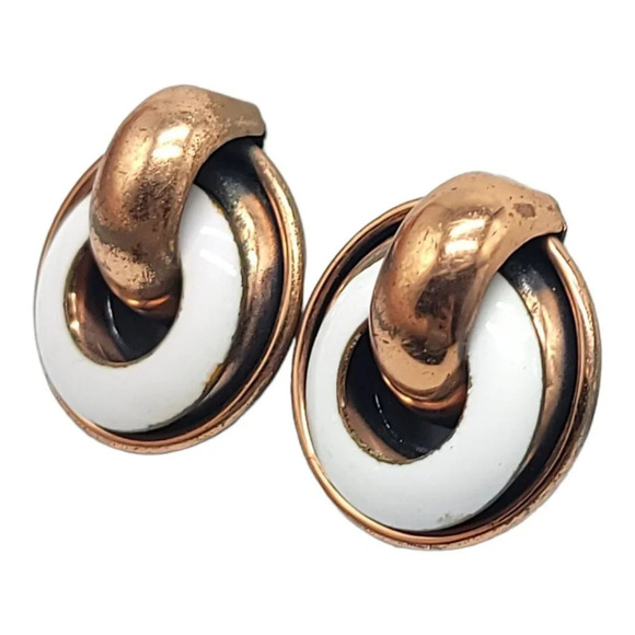 Matisse Renoir Copper Circle Clip On Earrings White Enamel Vintage Mid Century - Picture 3 of 4